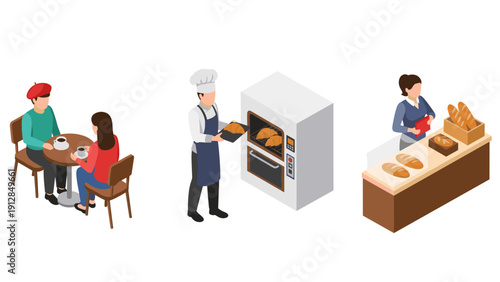 Isometric bakery scene with people enjoying coffee and fresh bread