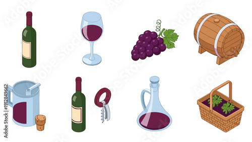 Wine collection with grapes, barrel, and glasses in isometric design