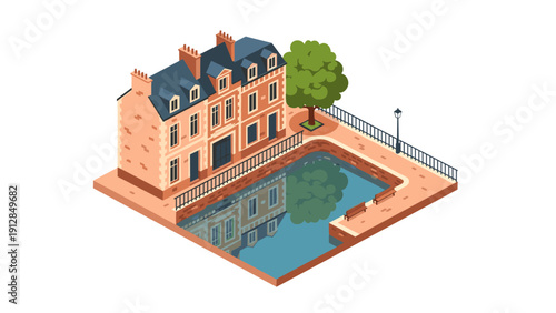 Charming isometric brick house with courtyard garden and reflection pool