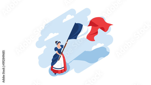 Revolutionary spirit: woman with flags in dynamic digital art style