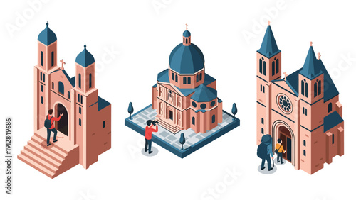Isometric architectural landmarks: 3d iconic buildings with tourists