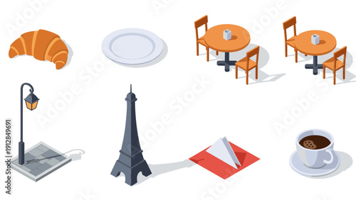 Parisian dining isometric set: croissant, eiffel tower, and coffee illustrations