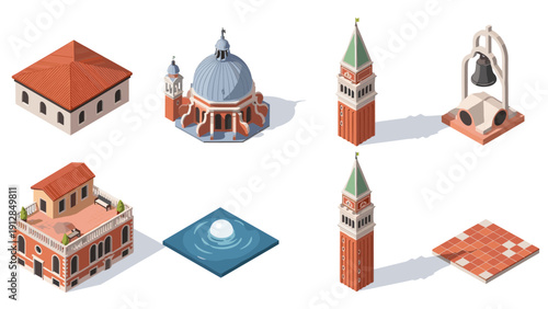 Isometric italian architecture: famous buildings and landmarks