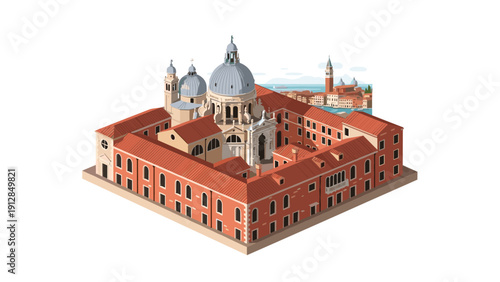 Isometric view of historical italian architecture with cityscape in background
