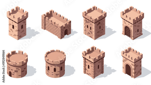 Isometric medieval castle towers set with stone architecture on white background