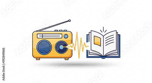Yellow radio and open book with sound wave connecting them on white background symbolizing audiobooks and learning