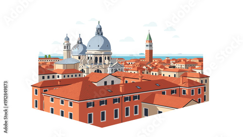 Isometric venice cityscape with iconic architecture and red roofs