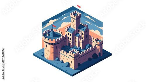 Isometric medieval castle with towers and flag on a hexagonal base