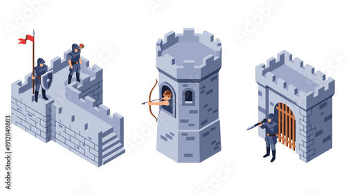 Medieval fortress elements with knights and archers in isometric style