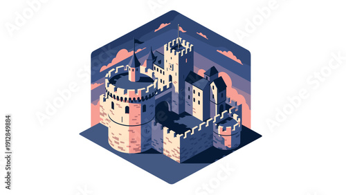 Isometric medieval castle in dawn light with pink cloud sky