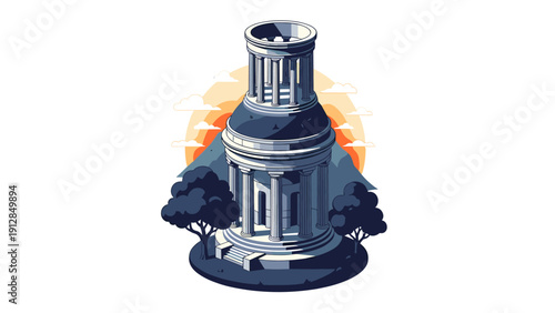 Ancient columned monument at sunset with mountain and trees in isometric style