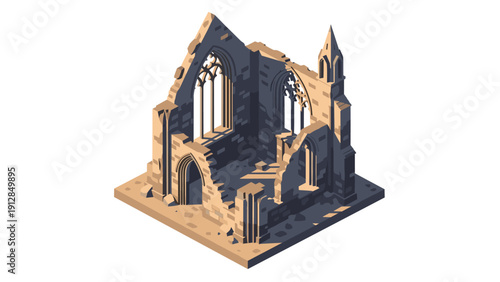 Isometric ruined medieval church architecture with detailed stonework and gothic windows