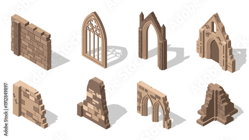 Isometric medieval ruins with gothic arches and stone walls set on white background