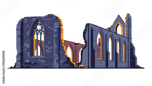 Historic gothic ruins with arched windows and atmospheric lighting