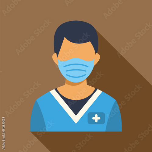 Medical professional character wearing a protective face mask and blue scrubs on a brown background