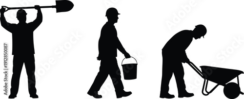 Construction worker silhouette set featuring manual laborers using shovel, carrying bucket, and pushing wheelbarrow isolated on a white background for industry.