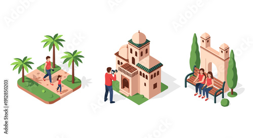 Isometric city park scene with family walking and people exploring historic building