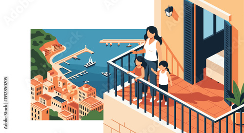 Family enjoying coastal cityscape view from balcony in isometric style