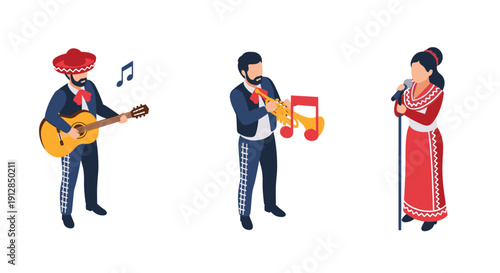 Isometric mariachi band musicians playing instruments in traditional dress
