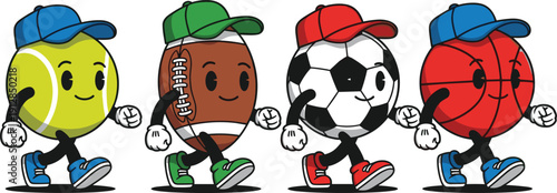 Cute cartoon sports ball characters set featuring tennis, american football, soccer, and basketball walking wearing caps for kids fitness and athletics,