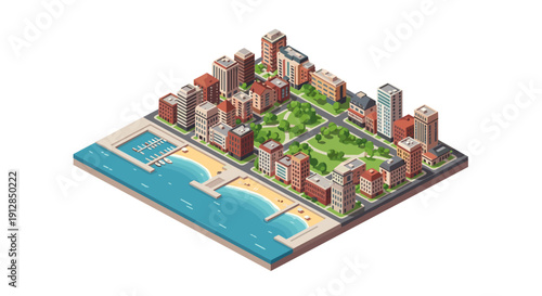 Isometric coastal city block with beachfront and urban architecture