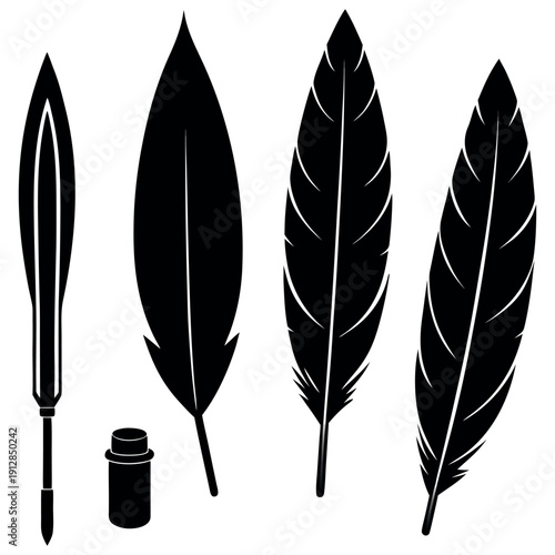Set of black feather quill pen and inkwell vector graphics with various feather designs on white background
