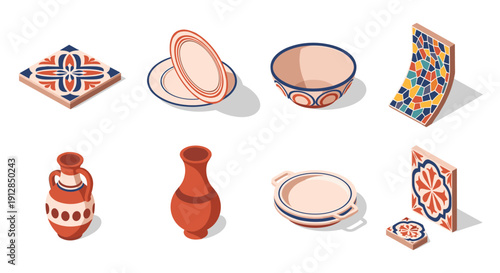 Isometric ceramic artifacts with geometric and floral patterns
