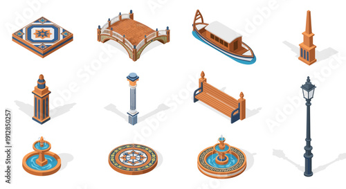 Isometric urban elements: bridges, benches, fountains, gondolas, and mosaic tiles