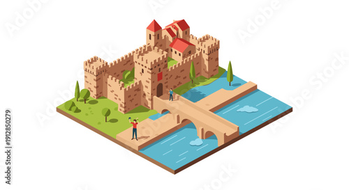 Isometric medieval castle with moat and bridge scene