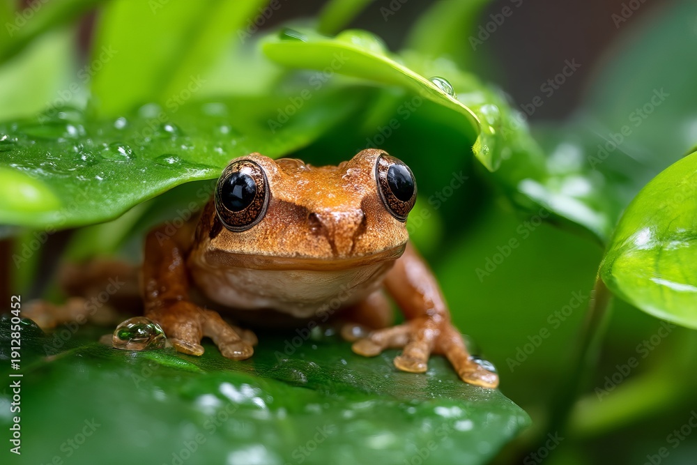 Obraz premium Frog Using Broad Leaf As Natural Shelter During Daylight Hours