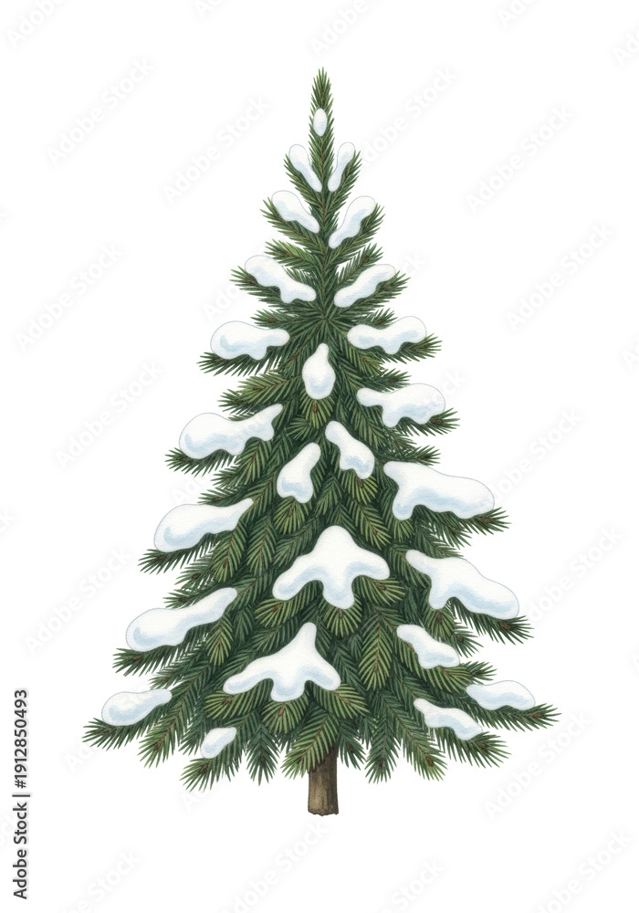Fototapeta premium Detailed watercolor painting of a solitary conical fir tree, deep green needles contrasted by fluffy white snow, soft grey shadow, on a stark white backdrop. Concept of minimalist winter peace