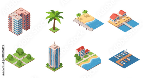 Isometric beachside resort scenes with buildings, nature, and boats