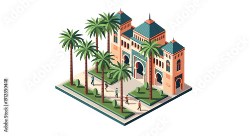 Isometric moroccan architecture scene with palm trees and people in a garden setting