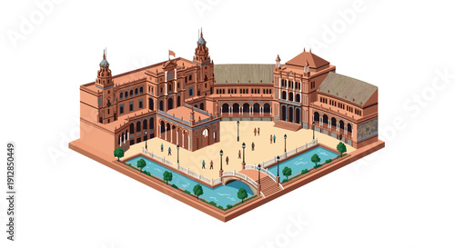 Isometric view of historic square with classical architecture and towering structures