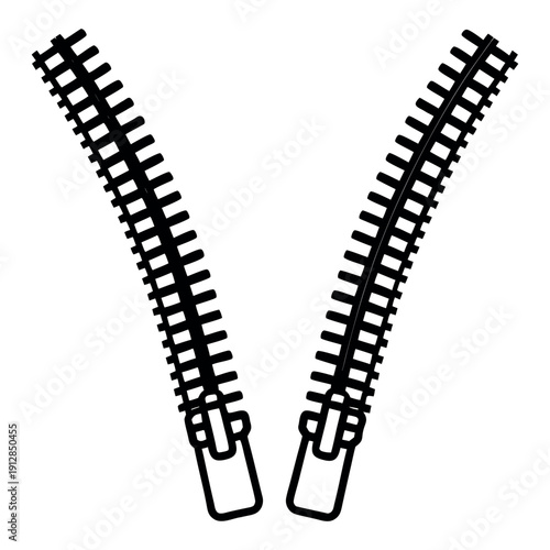 Detailed illustration of two black zippers with metal teeth and plastic or metal pulls in a vector graphic design on white background