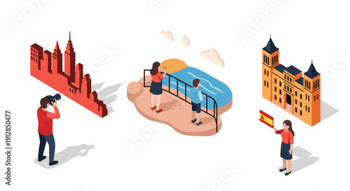 Isometric cityscape with tourists and landmark icons in bold colors