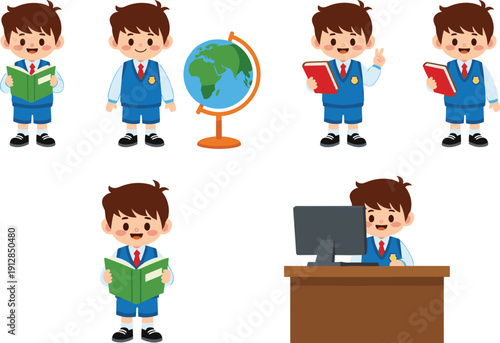 Cute school boy character set featuring student reading books standing with globe and using computer for primary education learning designs,