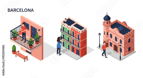 Isometric urban barcelona: architectural landmarks and everyday life