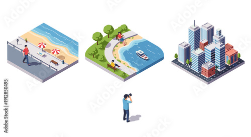 Isometric city life: beach, park, and urban scenes with photographer