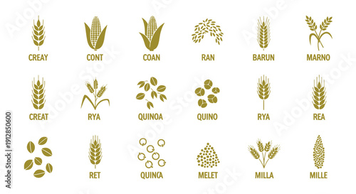 Golden grain, cereal, and seed icons set on black background