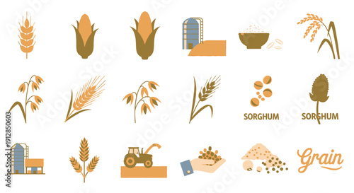 Grain and agriculture flat design icon set on white background