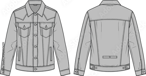 Denim jacket technical sketch vector set featuring front and back views of a classic trucker jacket for apparel fashion design,
