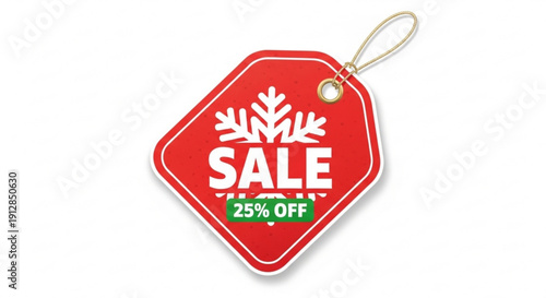 Red sale tag with 25 off discount and snowflake design on white background