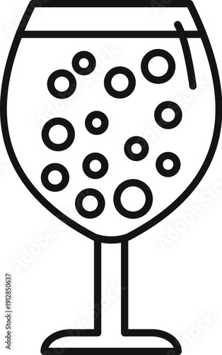 Line art icon showing a wine glass filled with sparkling bubbly beverage