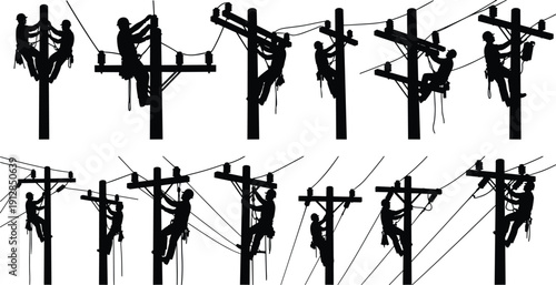Electrical lineman silhouette set featuring utility workers repairing power lines, climbing poles, and maintaining high voltage electricity on white background.