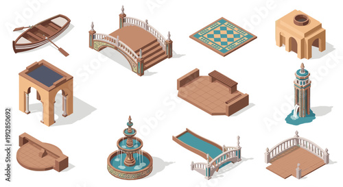 Isometric middle eastern architecture elements with bridges and fountains
