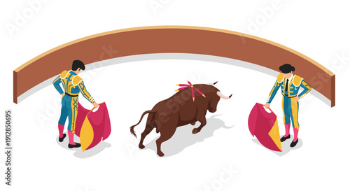 Isometric bullfighting scene with matadors in traditional costume and bull in arena