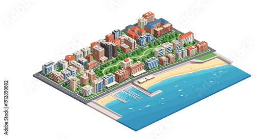 Isometric coastal cityscape with beachfront buildings and harbor