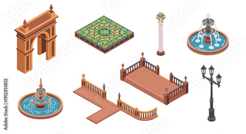 Isometric architectural elements: fountains, bridges, and outdoor decor