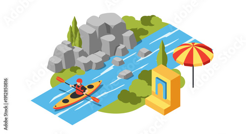 Isometric kayaking adventure on a river with rocks and umbrella